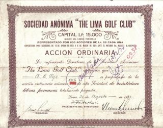Peru 1931 The Lima Golf Club Society 25 Libras Peruanas Issued 600 Only photo