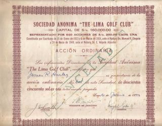 Peru 1949 The Lima Golf Club Society 250 Soles Oro Issued 640 Shares photo