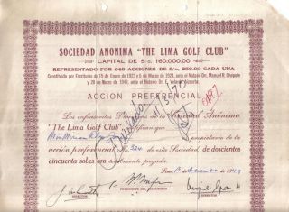 Peru 1949 The Lima Golf Club Society 250 Soles Oro Issued 640 Shares photo