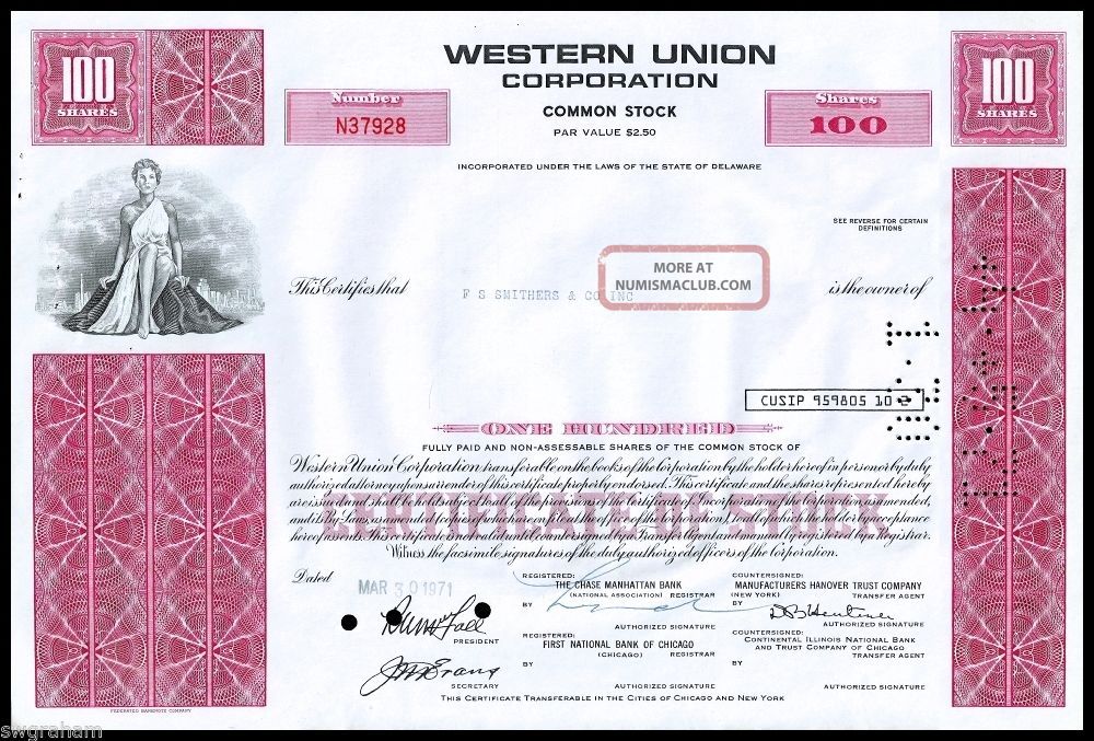 1971 Western Union Corporation 100 Shares Stock Certificate Red - Wysiwyg - Vf+ Stocks & Bonds, Scripophily photo