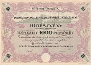 Hungary United Light Co Stock Certificate 1930 10 Sh photo