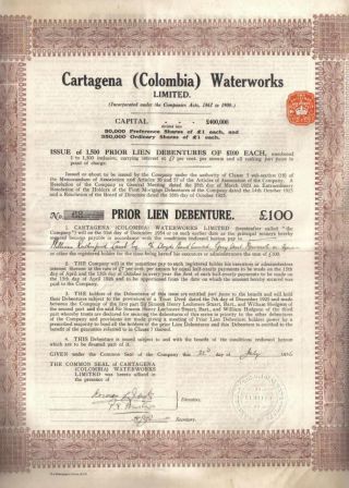Colombia Lien Debenture 1936 Cartagena Waterworks Co £100 Uncancelled Issue 1500 photo