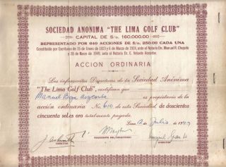 Peru 1949 The Lima Golf Club Society 250 Soles Issued 640 Uncancelled photo