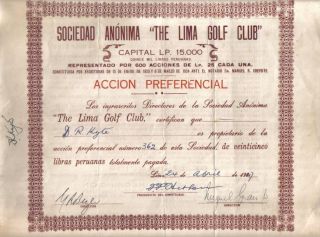 Peru 1947 The Lima Golf Club Society 25 Soles Issued 600 Uncancelled photo