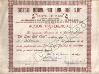 Peru 1947 The Lima Golf Club Society 25 Soles Oro Issued 600 Only photo