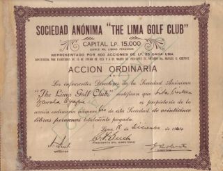 Peru 1944 The Lima Golf Club Society 25 Soles Oro Issued 600 Only photo