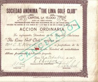 Peru 1927 The Lima Golf Club Society 25 Soles Oro Issued 600 Only photo