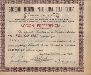 Peru 1945 The Lima Golf Club Society 25 Soles Oro Issued 600 Only photo