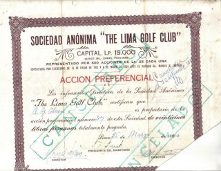 Peru 1940 The Lima Golf Club Society 25 Soles Revenue Consulate Of Peru Usa photo
