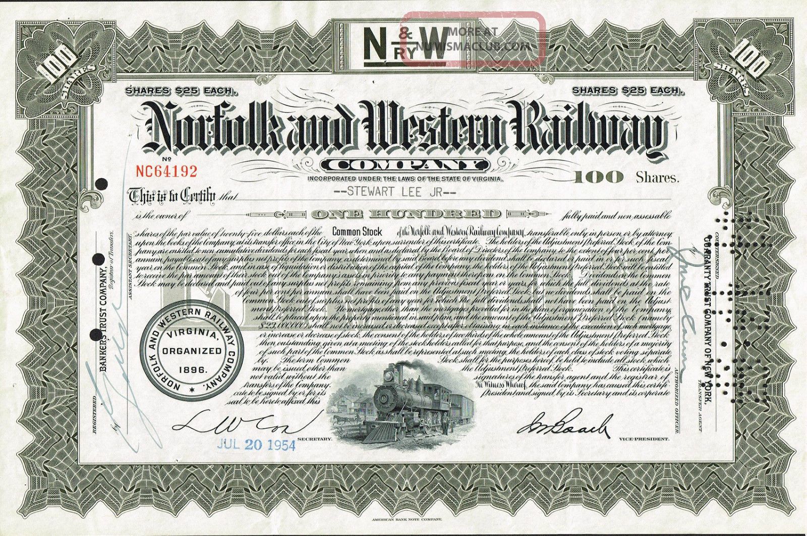 1880/'s Norfolk /& Western Railroad Company Stock Certificate
