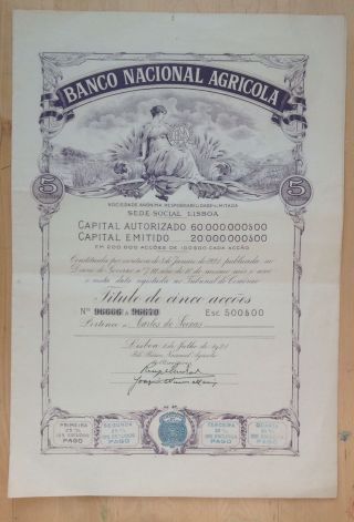 Portugal Banco Nacional Agricola 5 Shares 500$00 Escudos 1921 Deco photo