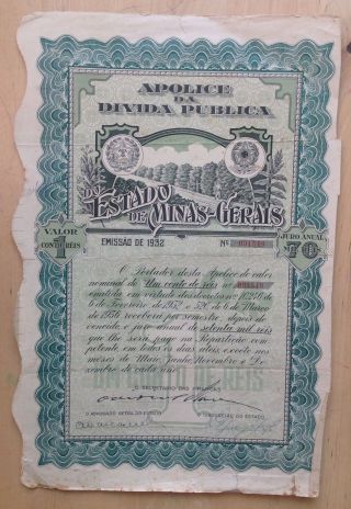 Brazil Brasil State Of Minas - Gerais 7% Bond 1932 1 Conto De Reis photo