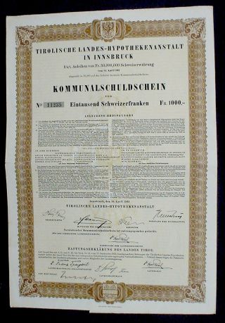 Austrian Government 6 1/2% Municipality Gold Loan Of 1000 Swiss Francs Uncanc. photo