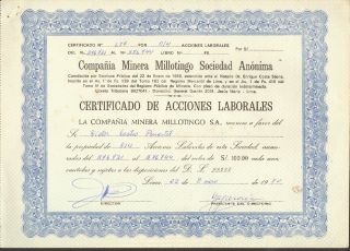 Peru 1980 Stocks Cia Minera Millotingo S.  A.  677 photo