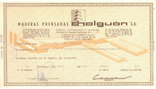 Chile 1968 Stocks Maderas Prensadas Cholguan S.  A.  54914 photo