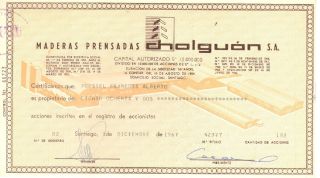Chile 1967 Stocks Maderas Prensadas Cholguan S.  A.  42377 photo