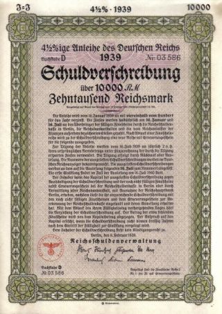 Germany Nazi State Deutschen Reichs 1939 Bond 4.  5% 10000 M Uncancelled photo