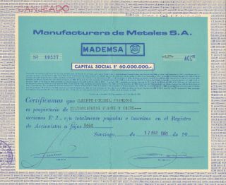 Chile 1969 Stocks Manufacturas De Metales S.  A.  Mademsa 537 photo
