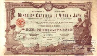 Spain Gold Bond 1902 Mining Minas Castilla Vieja Jaen 500 P Uncancelled Top Deco photo