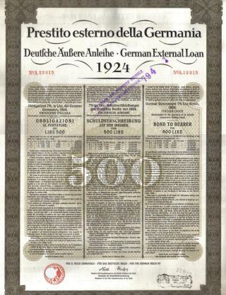 Germany External 1924 7% Bond Italian Italy Issue 500 Lire Daves Coupons photo
