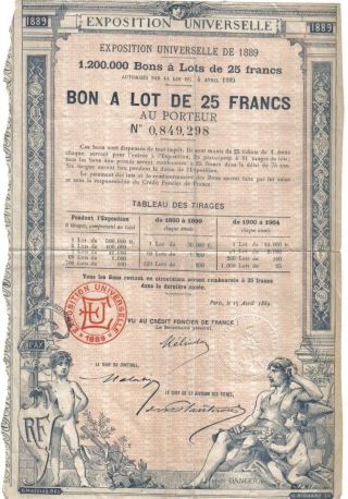 France Bond Paris 1889 Exposition Universelle 25 Franc Deco Uncancelled photo
