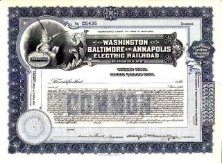 Washington Baltimore And Annapolis Electric Railroad Md 19 - - Stock Certificate photo
