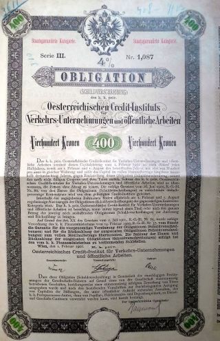 Austria Austrian 1902 Oesterreichischen Credit Instituts 400 Kronen Bond Loan photo