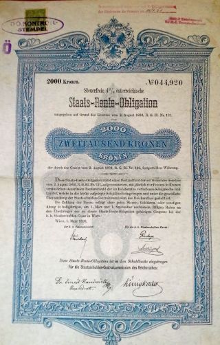 Austria Austrian 1893 Staats Rente Obligation 2000 Kronen Bond Loan photo