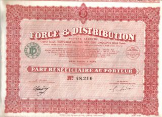 France 1936 Force & Distribution Society Part Beneficiaire Coupons Uncancelled photo