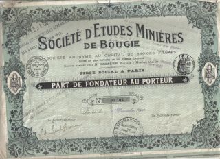 France 1910 Societe Etudes Minieres De Bougie Part Founder Coupons Uncancelled photo