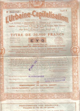 France 1948 Societe L ' Urbaine Capitalisation Tarif Y 30.  000 Fr Uncancelled photo