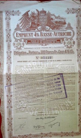 Austria Austrian 1911 Emprunt Basse Autriche 500 Francs Bond Loan photo