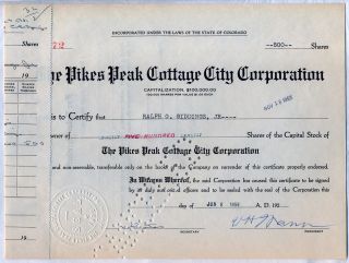 Pikes Peak Cottage City Corporation Stock Certificate Colorado photo