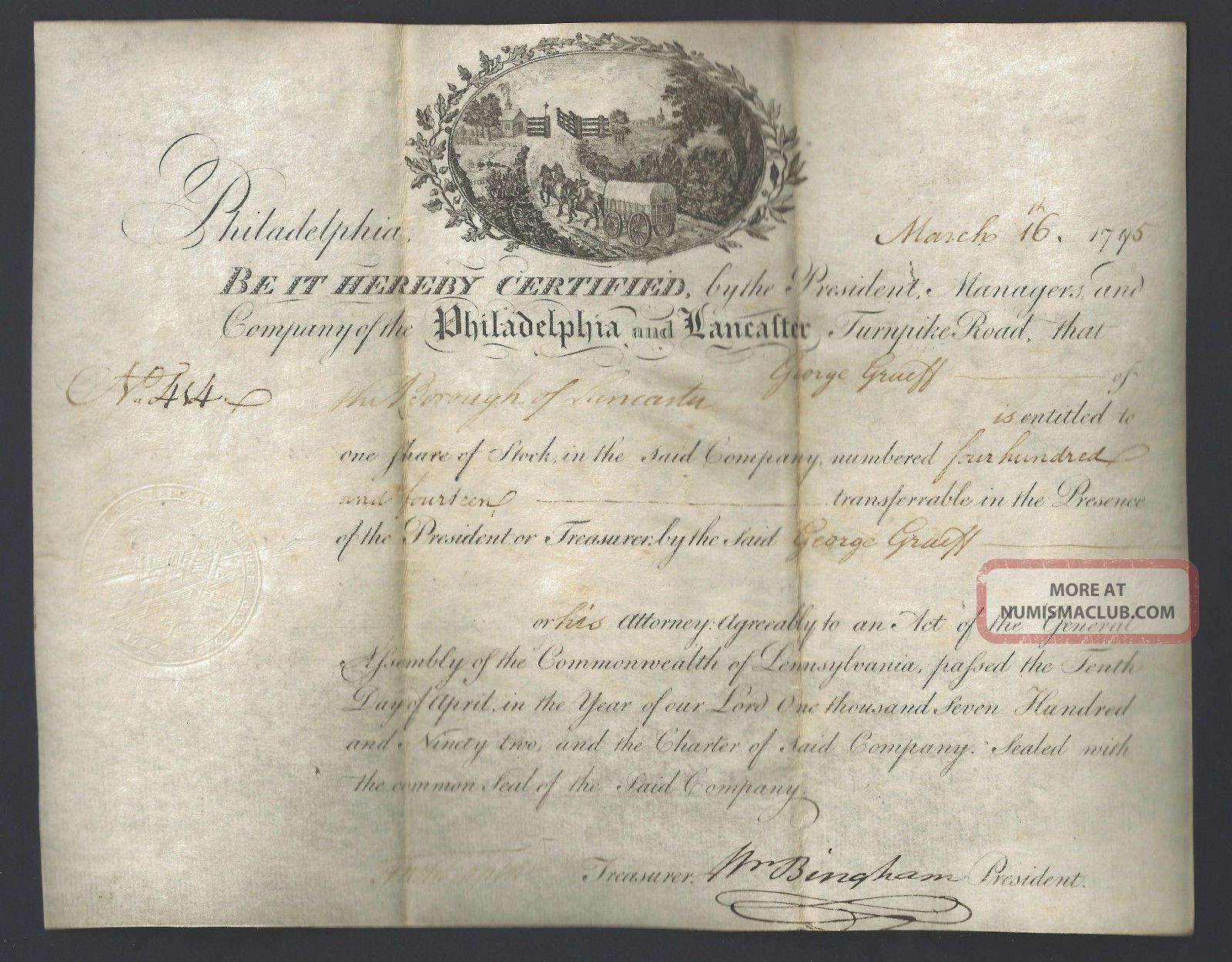 Philadelphia And Lancaster Turnpike Road Share Certificate,  1795 Transportation photo