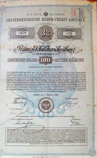 Austria Austrian 1880 Oesterreichische Boden Credit Anstalt 100 Gulden Bond Loan photo