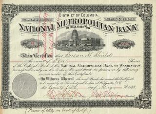 Usa National Metropolitan Bank Stock Certificate 1888 Washington photo