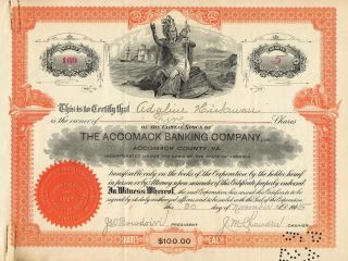 Usa Accomack Banking Company Stock Certificate 1905 photo