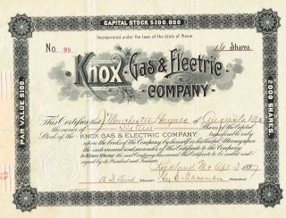 Usa Knox Gas & Electric Company Stock Certificate 1897 Maine photo