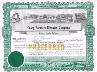 Usa Crary Farmers Elevator Company Stock Certificate North Dakota photo