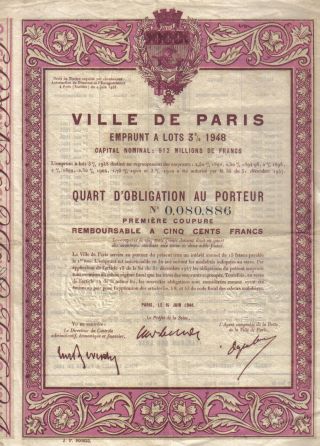 France Bond Loan 1948 City Ville De Paris 3% Uncancelled 500 Francs Deco Coupon photo