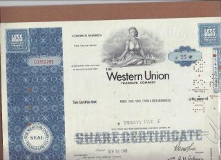 Western Union Telegraph Company Stock Certificate,  1968 photo