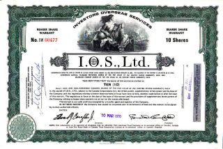 I.  O.  S. ,  Ltd.  Investors Overseas Services Canada 1970 Stock Warrant Certificate photo