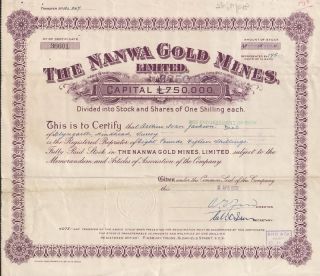 Ghana Nanwa Gold Mines Stock Certificate photo