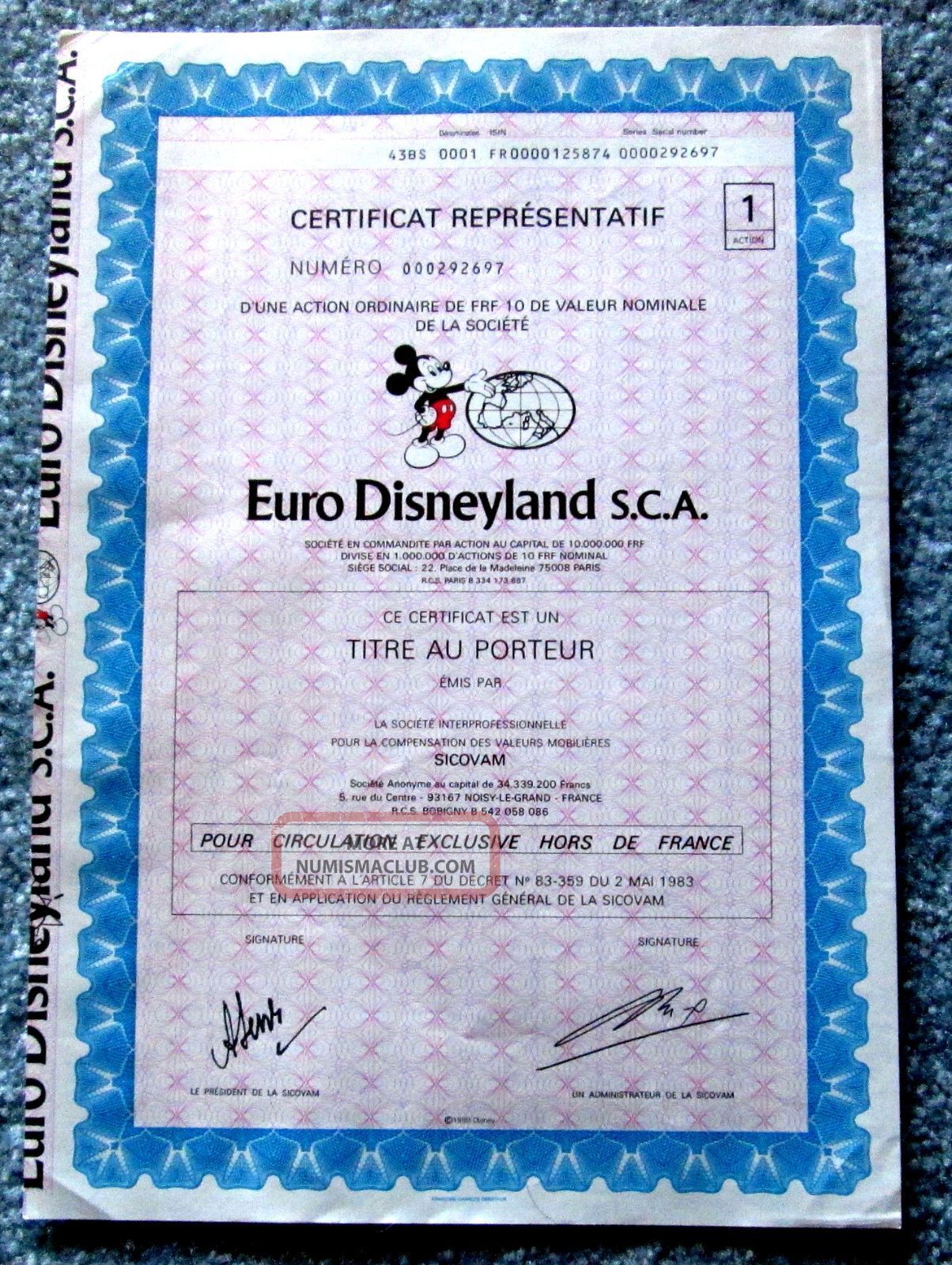 Disney Stock Euro Disneyland Sca No Coupons Mickey Mouse Disneyana Art 1983 T3u Stocks & Bonds, Scripophily photo