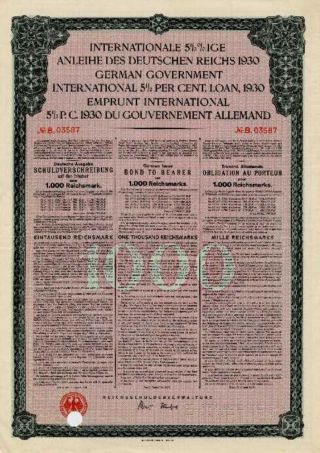 Germany Issue External Loan 1930 Bond 1000 Rm Young photo