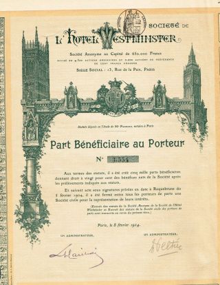 The Hotel Westminister Stock Certificate 1904 Paris photo