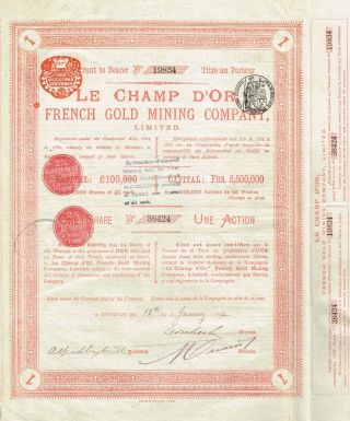 France Le Champ D ' Or Gold Mining Company Stock Certificate 1892 Rare photo