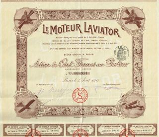 France Aviation Motor Company Stock Certificate 1911 photo