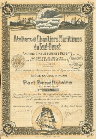 France Shipyard Factories Stock Certificate 1924 photo