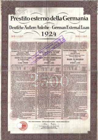 Germany External 1924 7% Lire Bond Italy Issue 2500 Lire Daves Coupons photo